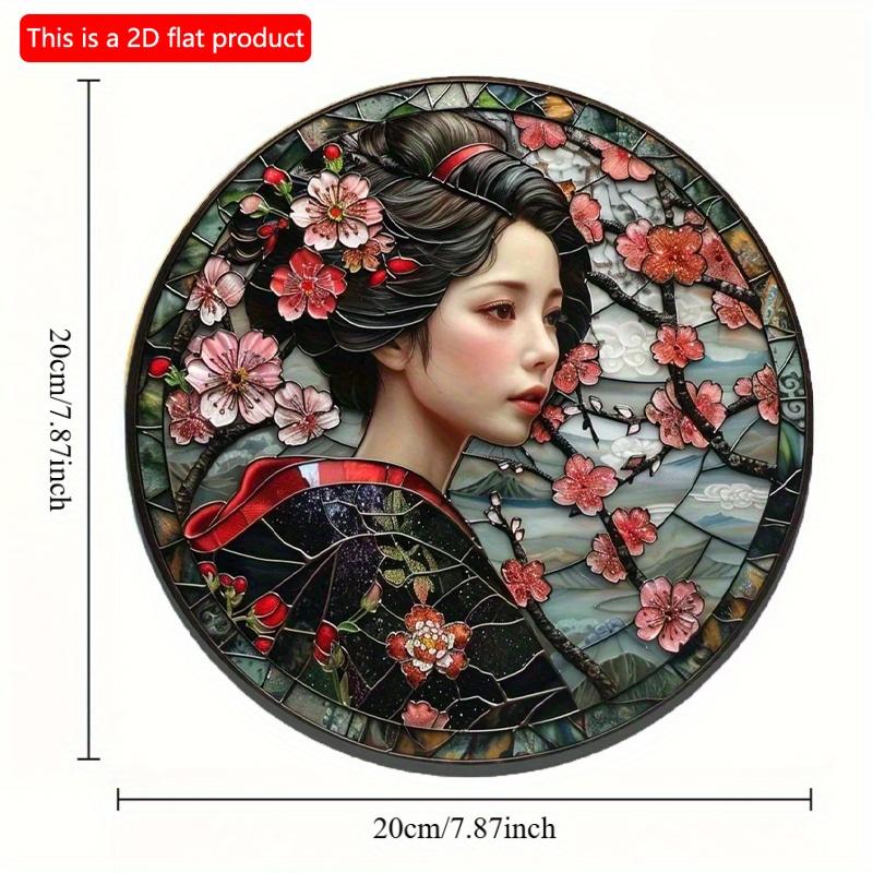 2d Flat 20*20cm, Round Wooden Sign, Wreath Decorative Sign, Bedroom Decoration Gifts, Japanese Kimono Theme, for Bar, Club, Home Wall Decor.