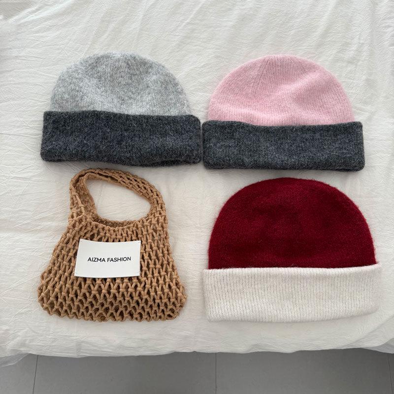 Jesienno-zimowa czapka dzianinowa w blokach kolorystycznych: Styl koreański, Dwuwarstwowy, Ochrona uszu, Wiatroodporny, Zimnoochronny, Wyszczuplający krój do jazdy na rowerze