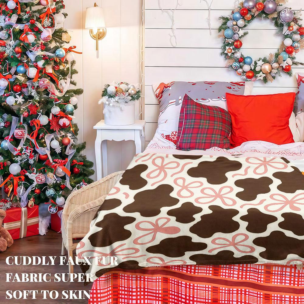 Cow Print With Pink Bows Winter Summer Flannel Blanket Throw Fleece Soft Fuzzy Plush Cozy Fleece Blankets For Sofa Ideal Gifts