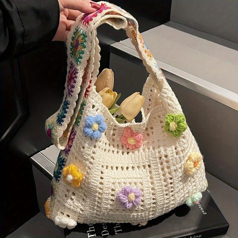 Bohemian Vintage Hollow Floral Contrast Casual Messenger Bag - Assorted Color Fabric with Buttons, Washable By Hand, Open Design, Ideal for Women