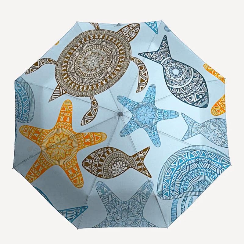 

1pc Sea Creatures Mandala Pattern Automatic Open/Close Umbrella, Compact Travel Umbrella, 8-Rib Sturdy Frame - Ideal Gift for Friends yy251118036