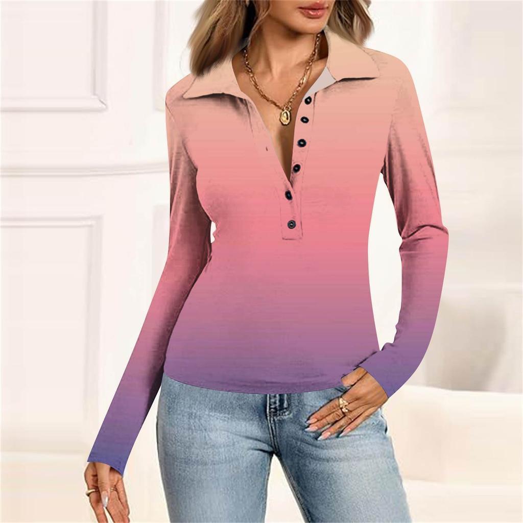 Damenmode Lässig Bedrucktes V-Ausschnitt Langarm Knopfleiste Oberteil