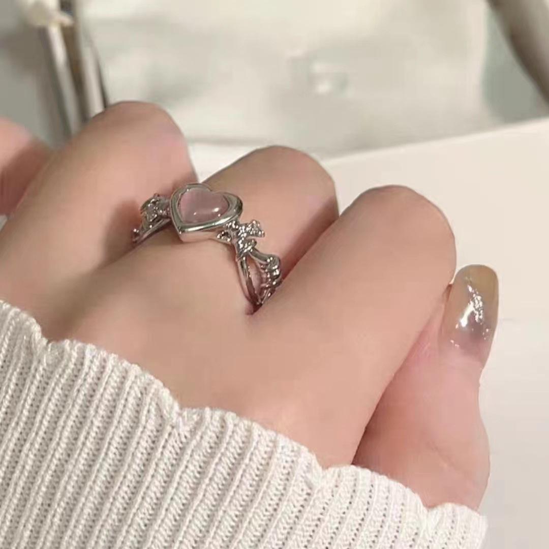 

Женское кольцо с розовым кристаллом и нерегулярным сердечком, креативное открытое кольцо с синим опалом и сердечком, блестящее геометрическое кольцо с цирконом, винтажное ювелирное изделие Y2K NN