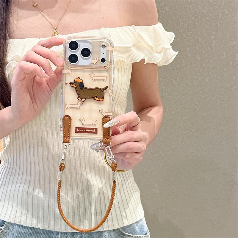 Plaid Embroidered Dachshund Phone Case with Hand Strap for iPhone 17/16 Pro Max/15/14
