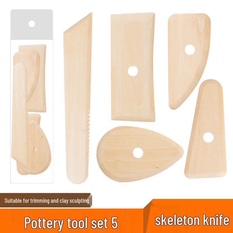 5-Piece Solid Wood Pottery Tools Set: Scraper, Knife, Clay Carving, Ceramic Sculpture, DIY Handmade.