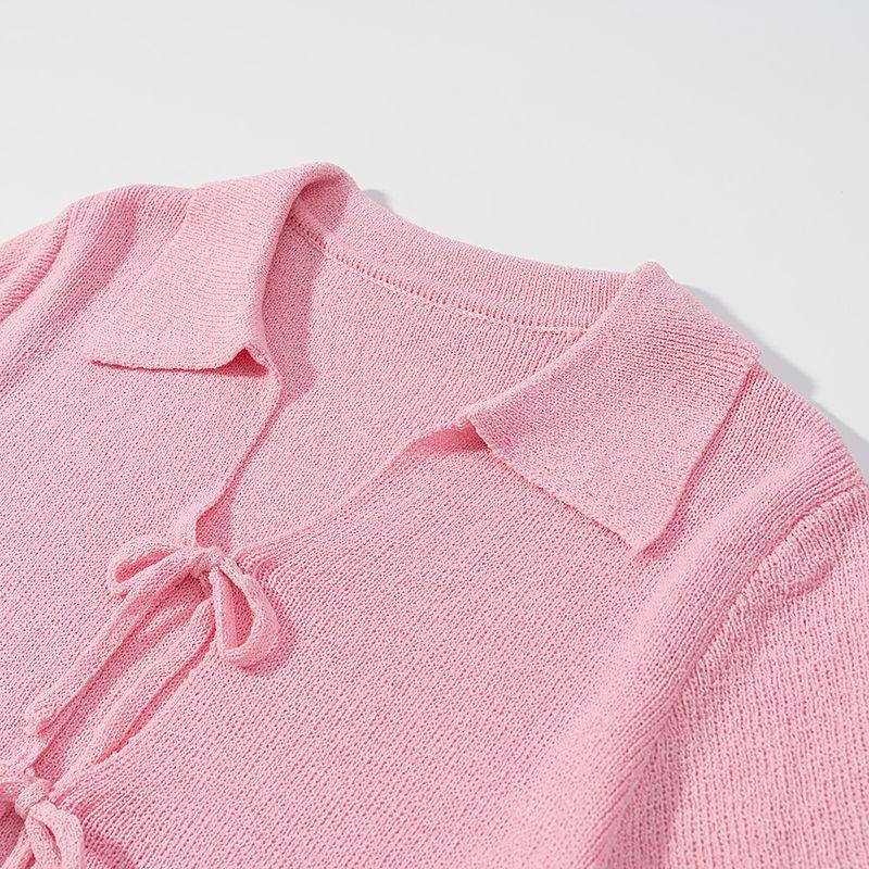 Kaslead New Women clothes Western Style Fashion Simple and Versatile Short sleeve Lace up Knit cardigan