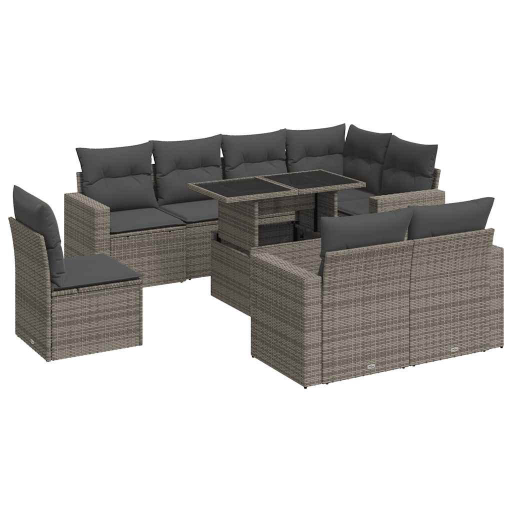 Vidaxl 9-Cz. Garden Furniture Set With Cushions, Grey, Poly Rattan