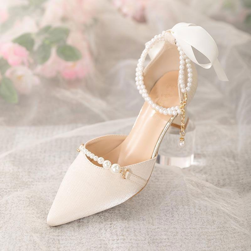 Sandals for Women Square Heels Pointed Toe Woman Shoes Medium Pearl Vip Footwear New Breathable Fashion Original Luxury 2025 Pvc