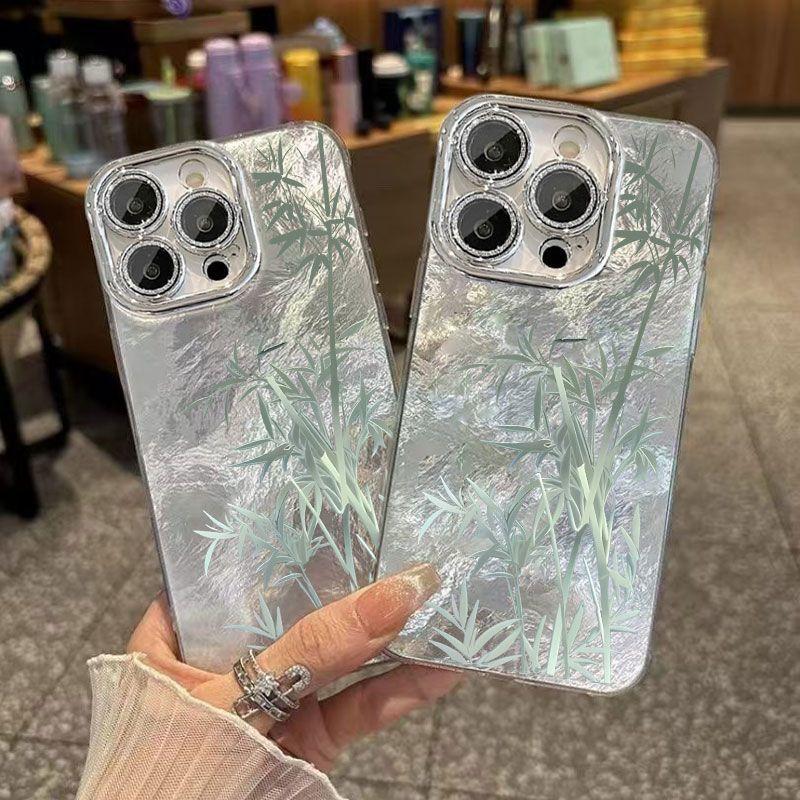 Green bamboo is suitable for iPhone17ProMax16 mobile phone case, Apple 14 has its own lens film 13 feather yarn case.