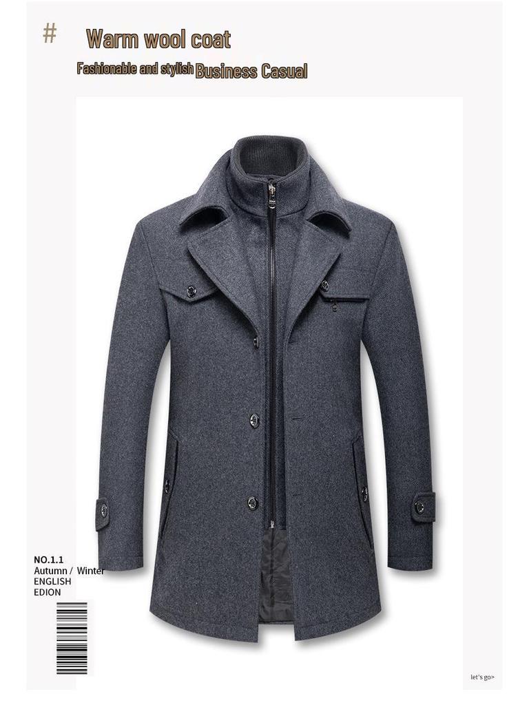 Pánský vlněný business kabát s odnímatelným dvouvrstvým límcem, podzimní/zimní zesílené bavlnou silné svrchní oblečení