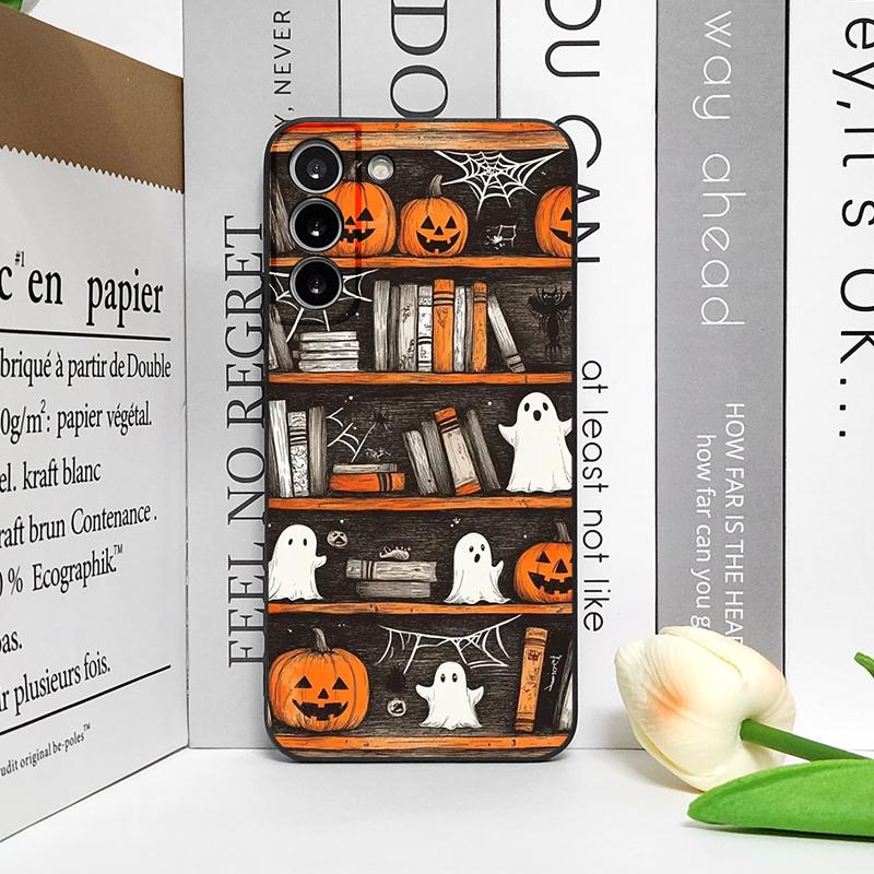 Halloween Kürbis Geist Bücherregal Buch Handyhülle für Google Pixel 9A 8A 7A 6A 7 PRO 8 9 Pro XL 4G 5G Silikon Weiche Hülle Schale