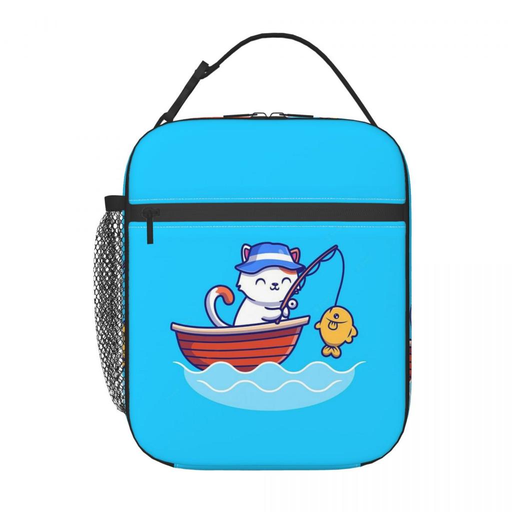 Cartoon Small Cat Fishing Insulated Lunch Bag for Kids School Cooler Thermal Food Box Tote Portable Lunch Boxes Container