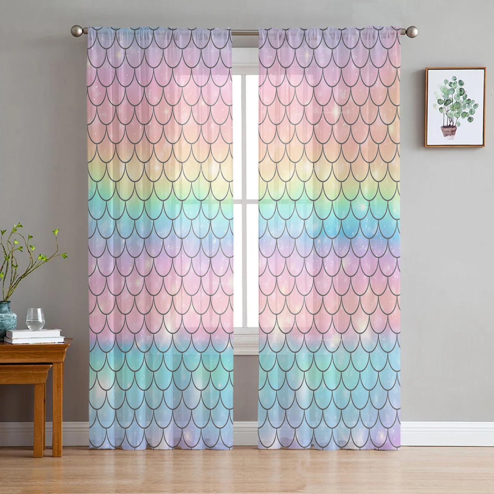 

Mermaid Scales Ocean Rainbow Sheer Drapes for Bedroom Living Room Ornamentation Window Curtain Cooking Area Tulle Voile Organza Drapes W135 x H115cm x1&Grommet Top