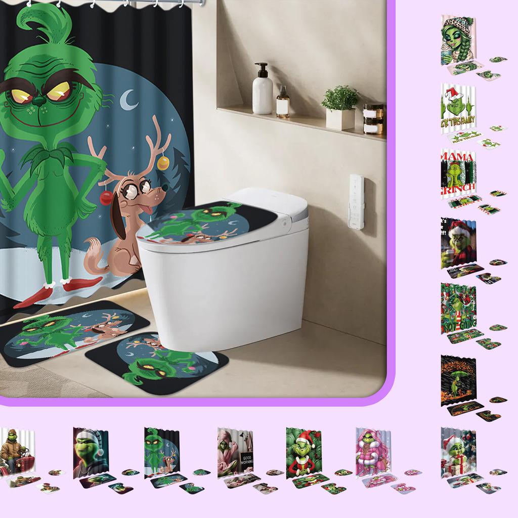 Greentown Series Shower Curtain Floor Mat Four Piece Set, Home Bathroom Dry Wet Separation Partition Shower Curtain Waterproof Shower Curtain
