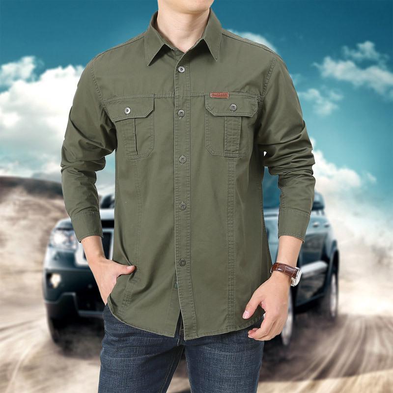 Spring and Autumn New Cotton Long Sleeve Shirt Men's Large Size Loose Solid Color Casual Top Military Washing Shirt Men