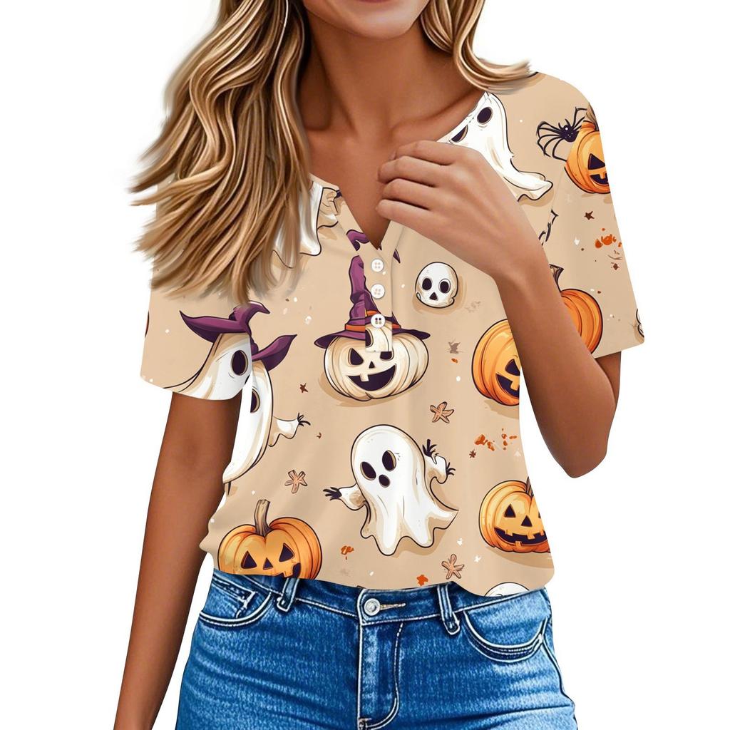 Women's T Shirt Tee Halloween Printed Button Short Sleeve Tunic Daily Weekend Fashion Basic V- Neck Regular Top