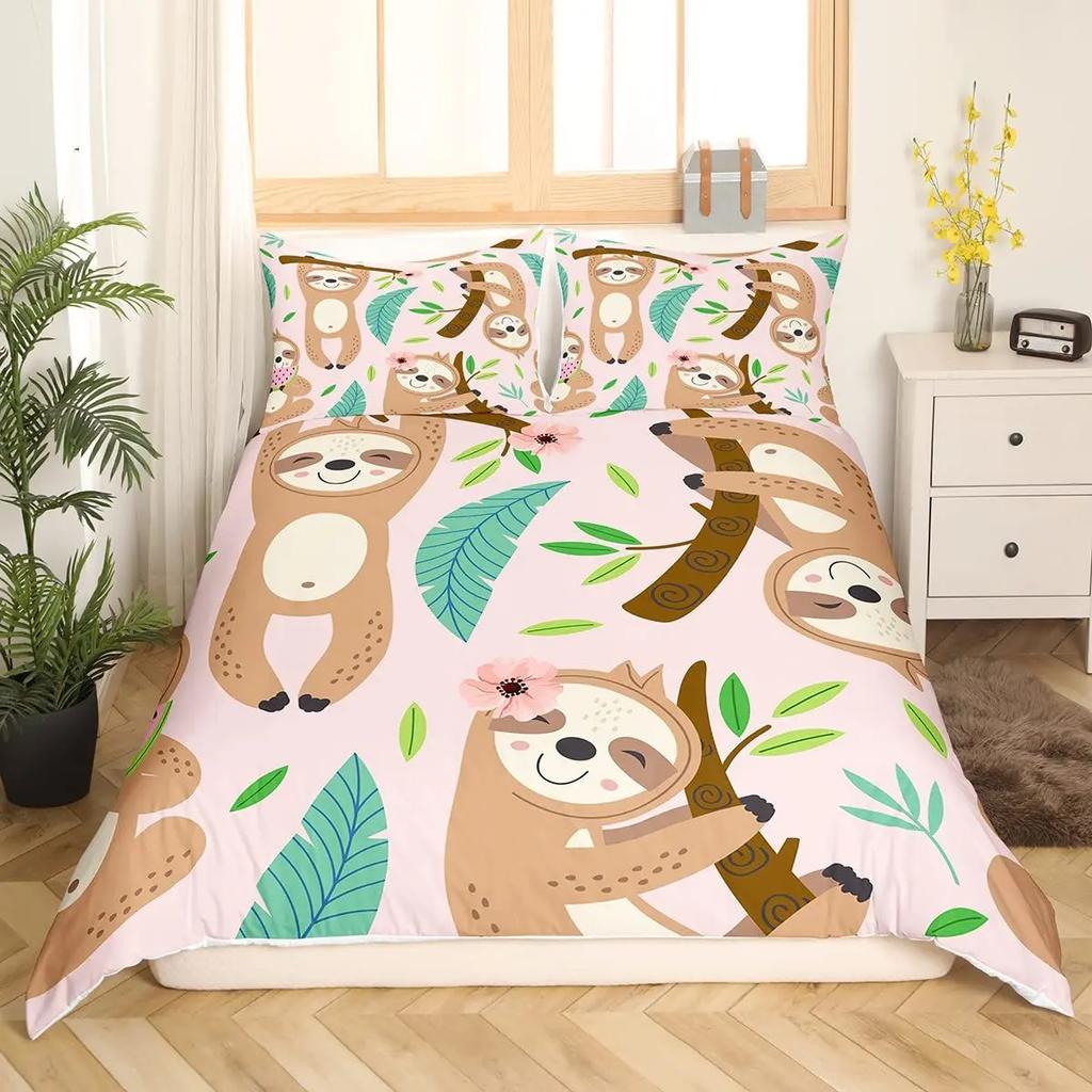 Boys Girls 3D Animal Themed Lovely Duvet Cover 2/3 Pcs Kids Cute Sloth Duvet Cover Set Cartoon Sloth Printed Comforter Covers