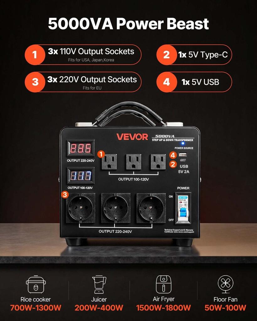 Transformador Convertidor de Voltaje Automático, 5000VA, Transformador de Potencia Elevador/Reductor de Servicio Pesado, 110V a 220V y 220V a 110V, con 3 Tomas de EE. UU., 3 Tomas de UE,