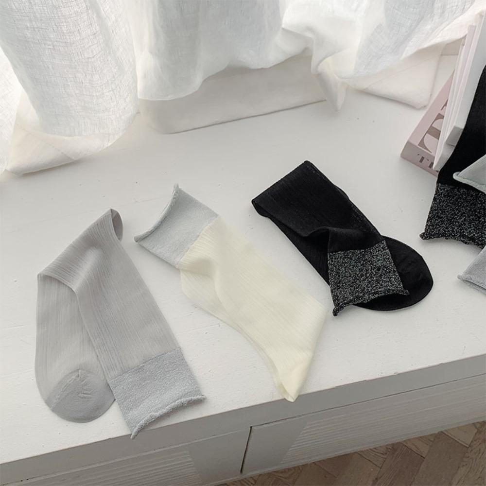 Korean Silver Thread Lolita Stockings Sweet Ties Stacked Socks New Thin Women Socks