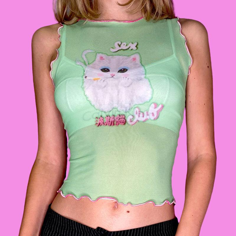 

Y2k Эстетические топы на бретелях Harajuku милый укороченный топ модный топ с принтом кота повседневный сексуальный жилет L зелёный