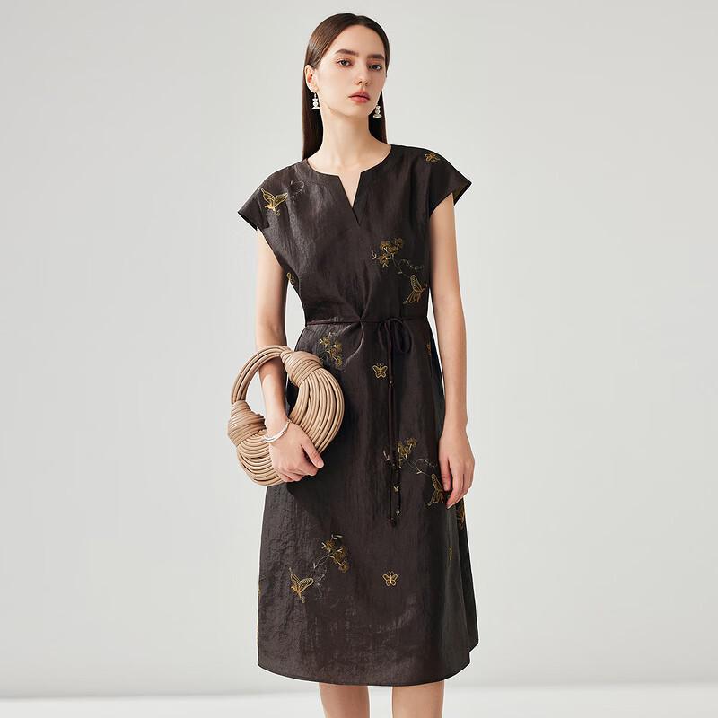 Zhaojun Women's Mulberry Silk Embroidered Short-Sleeve Dress