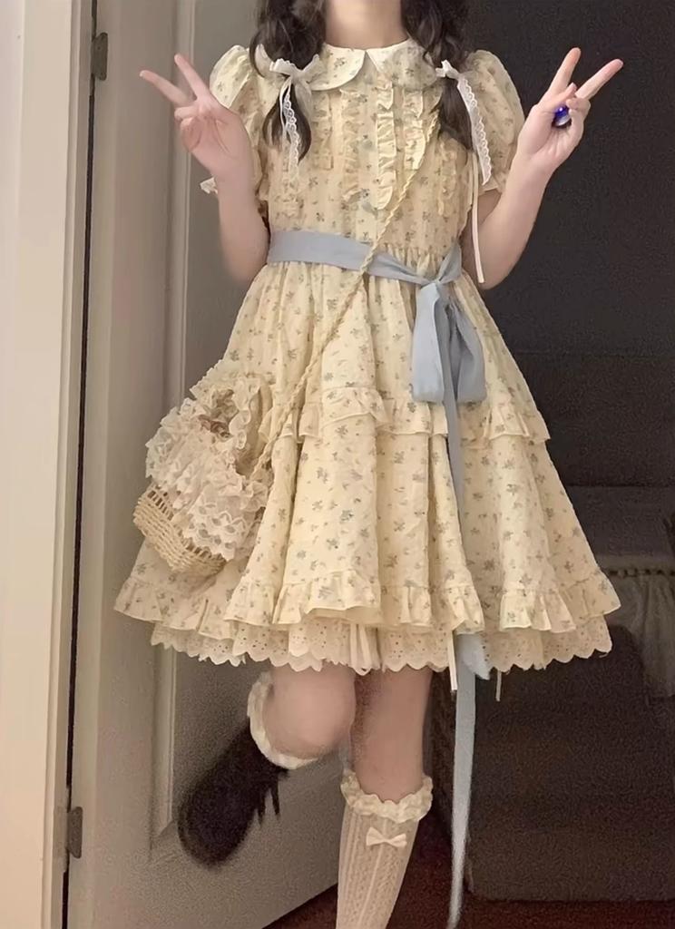 Sweet floral doll collar dress women's summer bubble sleeves small princess cake dress waist fluffy dress