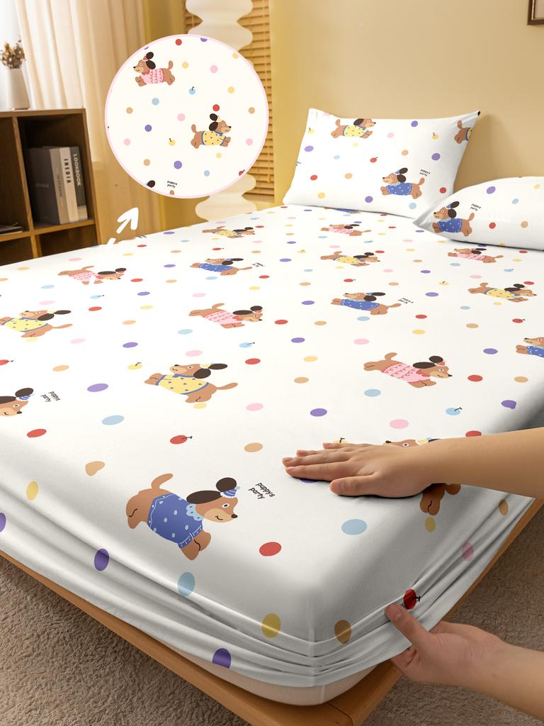 1 Kreskówkowy Uroczy Zwierzęcy Jamnik z Nadrukiem Matowe Prześcieradło z Gumką, Drukowana Narzuta na Łóżko do Sypialni, Pościel (Z wyłączeniem poszewek na poduszki)