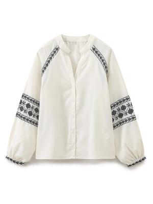 European and American Style 2025 Spring/Autumn Stand-up Collar Color Block Embroidered Loose Shirt
