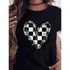 Women's Checkerboard Heart Print Black T-Shirt Crew Neck Short Sleeve Casual Trendy All Season Tee