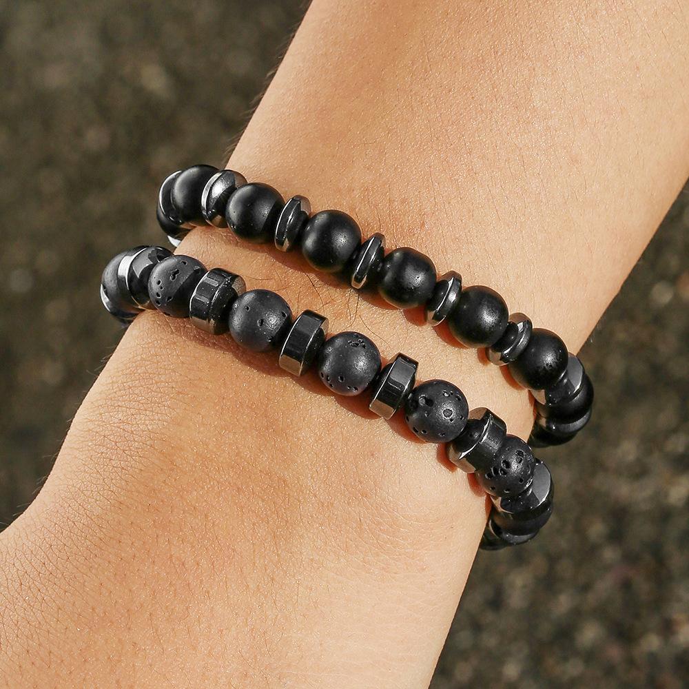 Neu Matt Schwarze Perle Vulkangestein Herren Armband Set Doppellagig Naturstein Perlenarmbänder Geschenke