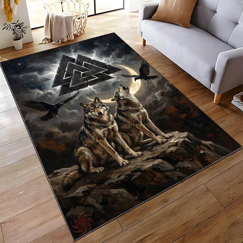 "Nordic Wolves Moon Ravens Valknut Symbol Rug for Living Room Decor" Suitable for Use As an Anti-slip for Living Room Bedroom Sofas