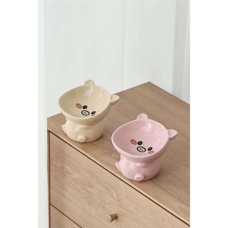 Cute Animal Series High-Footed Ceramic Pet Bowl - Neck Protection & Anti-Black Chin Design for Cats and Dogs