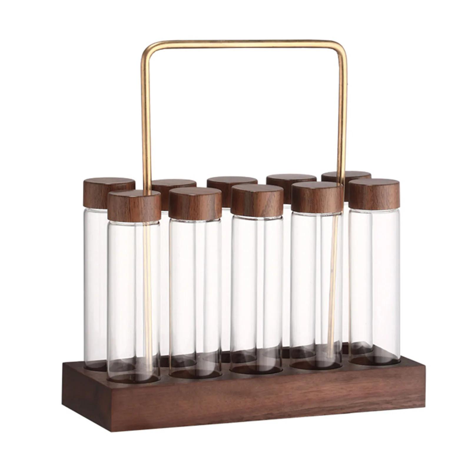 10Pcs Single Dose Coffee Bean Storage Tubes Coffee Bean Cellar With Wooden Holder Stand Airtight Sealed Glass Canister Jars