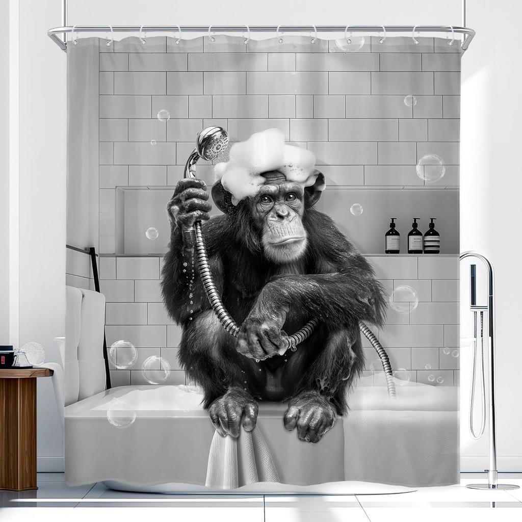 Funny Monkey Shower Curtain Meditation Zen Spirit Animal Chimpanzee Lotus Leaves Plant Bamboo Nature Bathroom Modern Waterproof