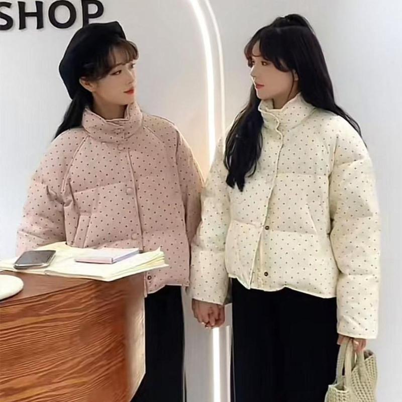 Nischen-Polka-Dot-Daunen-Baumwolljacke für Damen, kurz, Winter, neu, vielseitig, süß, kleine Baumwolljacke