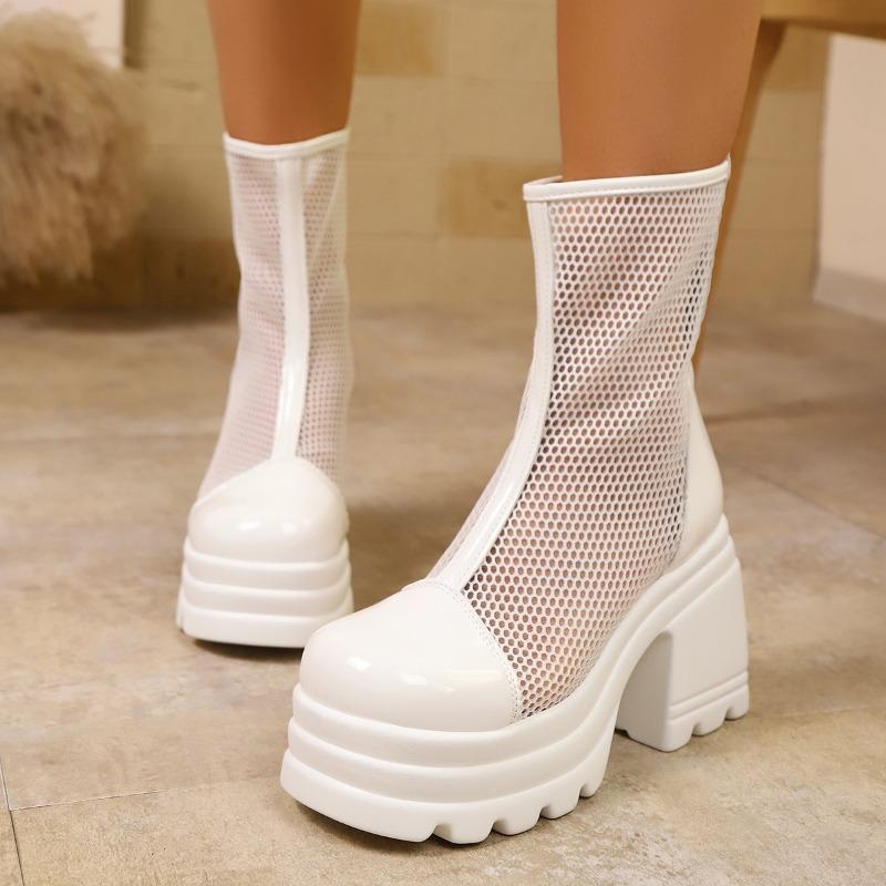 

Модные белые женские летние ботильоны на очень высоком каблуке, новые 2025, на блочном каблуке, дышащие сетчатые, увеличивающие рост, крутые ботильоны 42 белый