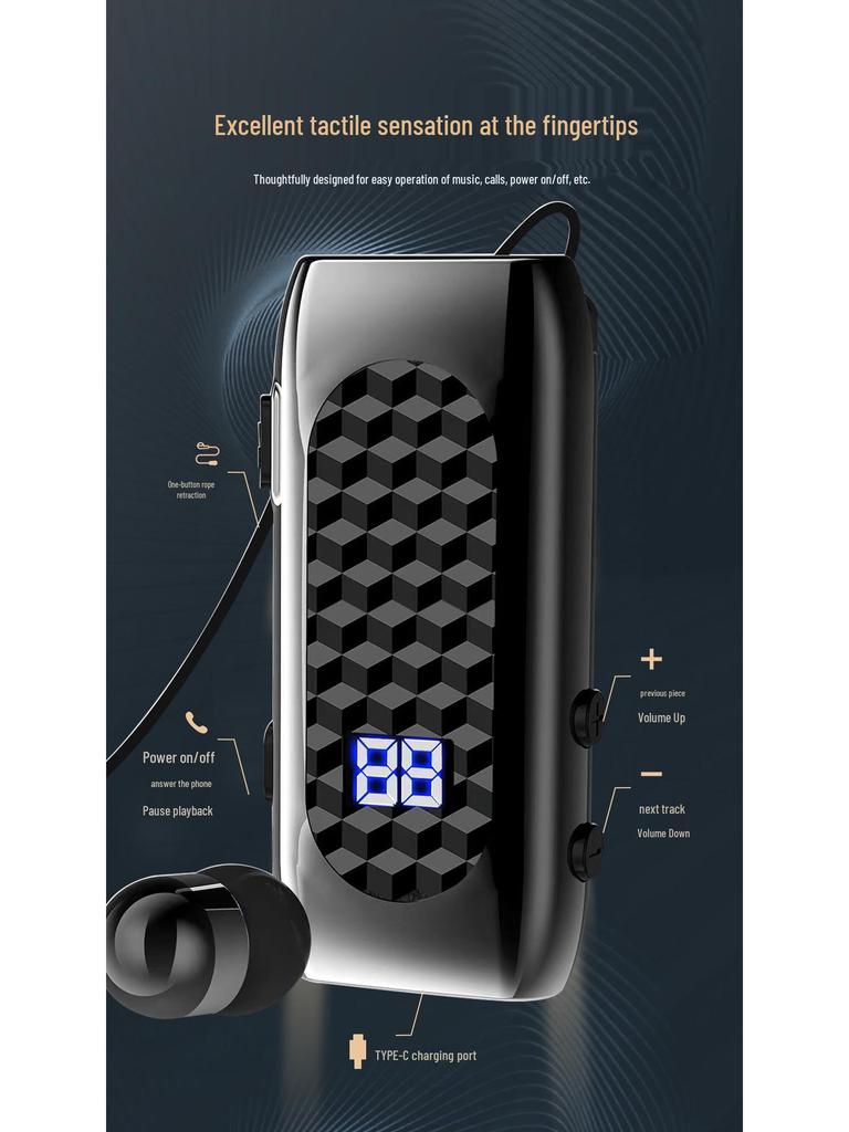 DR13 Clip-On Bluetooth Earphone with Retractable Pull-Out Line, 20H Battery, Digital Display, Business Call Vibration & Number Reporting.