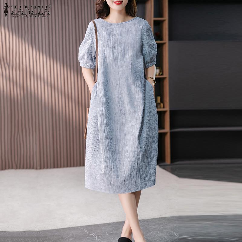 

ZANZEA Женское повседневное свободное платье в полоску с круглым вырезом и короткими рукавами L светло-синий