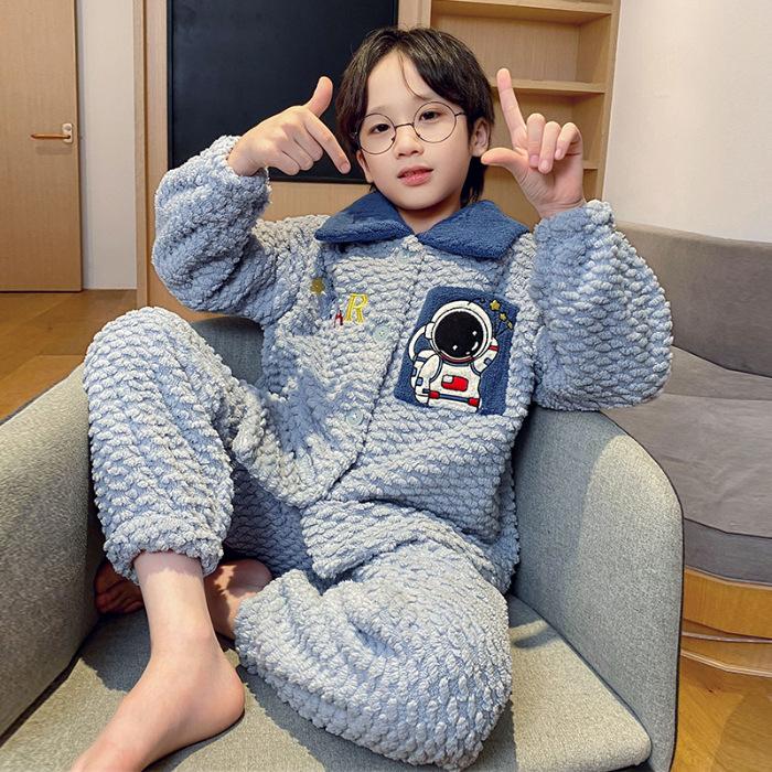 Kids Flannel Pajamas Set Boys Girls Warm Long Sleeve Top And Pants Sleepwear Winter Home Nightwear