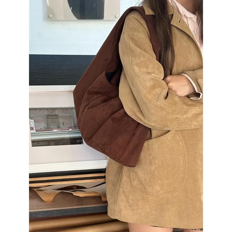 Vintage Simple Solid Color Faux Suede Women's Shoulder Bags Fall Winter Large Capacity Female Handbag Casual Ladies Tote Bag