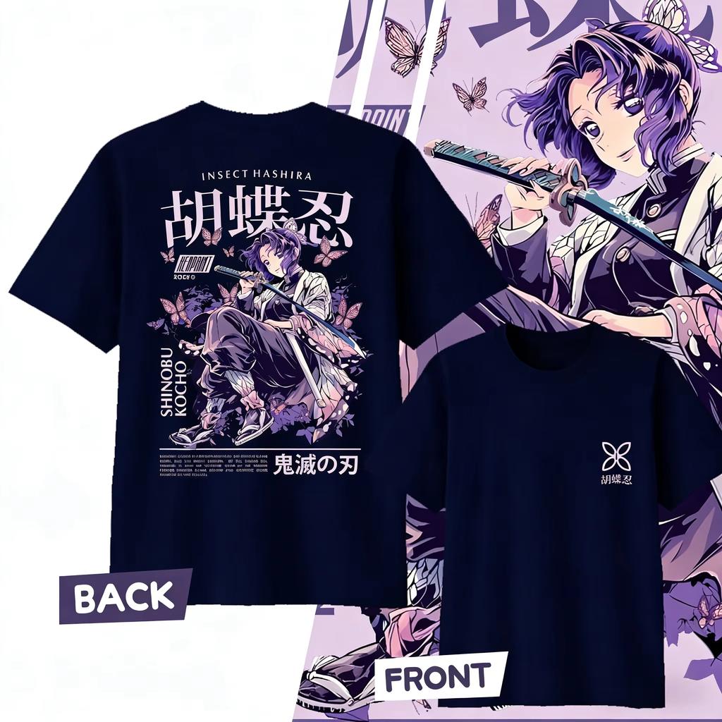 2026 Demon Slayer Shinobu Kocho Butterfly Double Sided Manga Print Oversized T‑Shirt O‑Neck Short Sleeve Cotton Casual Streetwear Tops for Men Women