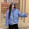 Blue plaid stand-up collar warm short down cotton-padded jacket for women's 2025 winter loose and thickened plaid cotton-padded jacket