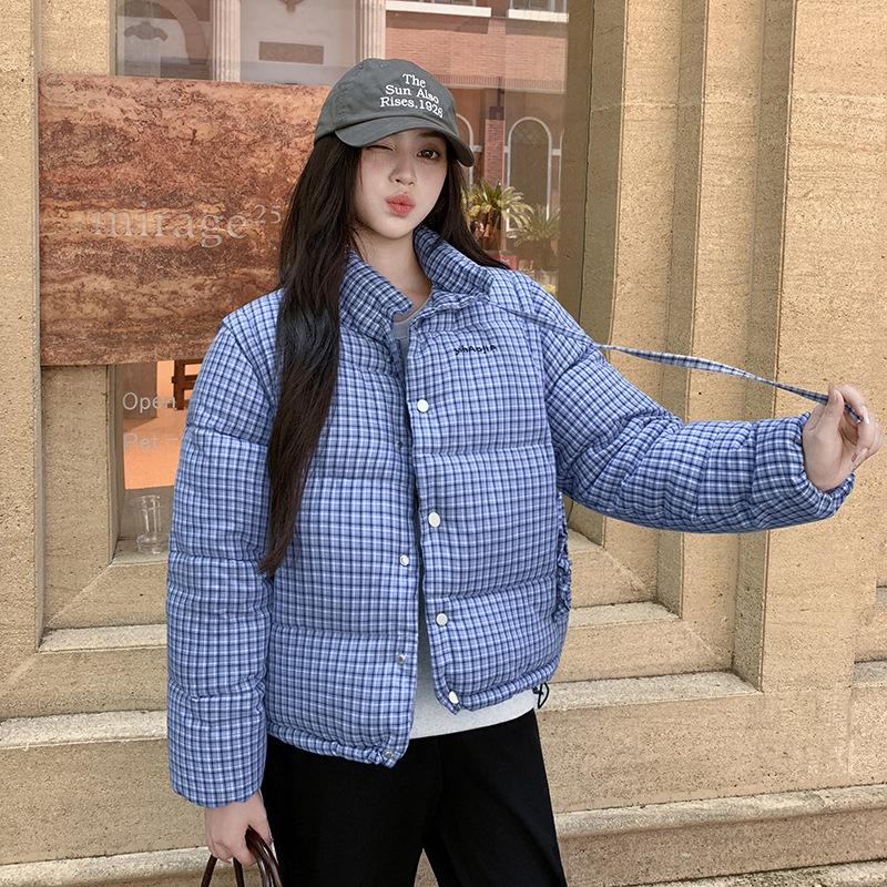 Blue plaid stand-up collar warm short down cotton-padded jacket for women's 2025 winter loose and thickened plaid cotton-padded jacket