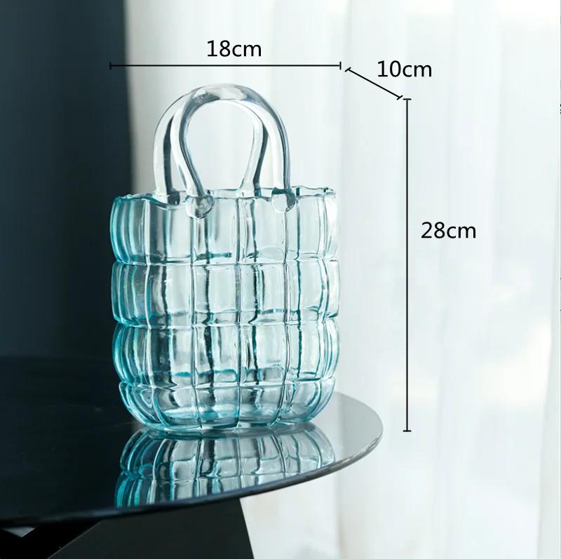 Clear Glass Vase Bag Handbag Basket Transparent Terrarium Flower Vase Floral Arrangement Accessories Living Room Decoration
