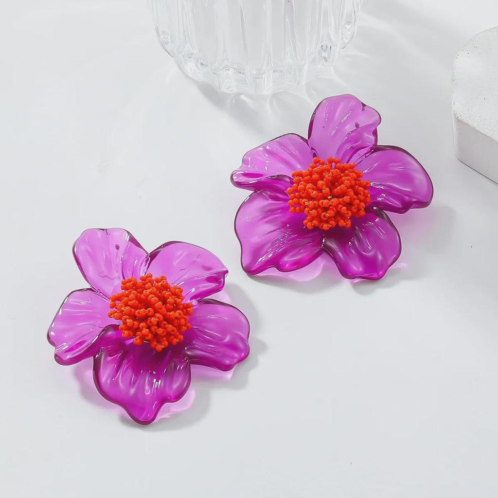 Large Purple Resin Flower Bohemian Handmade Beaded Earrings for Women