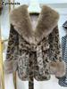 Women's Leopard Print Faux Fur Coat with Wide Collar and Slim Fit for Winter Formal Wear