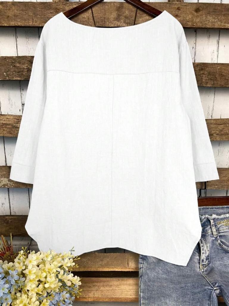 2025 Summer Fashion Plus Size Women's Round Neck Pocket Solid Color Irregular T-Shirt