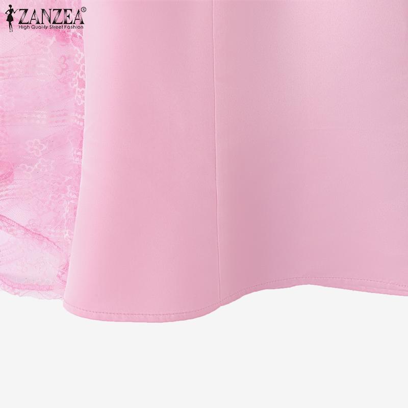 ZANZEA Women Casual V-Neck 3/4 Sleeve Mesh Patchwork Blouse