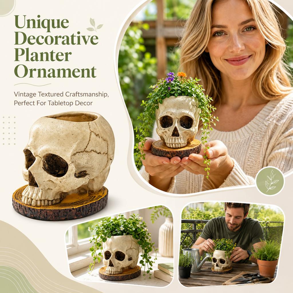 Vintage Style Skull Shaped Planter Pot with Distressed Finish on Wood Base for Indoor Outdoor Use Unique Decorative Container