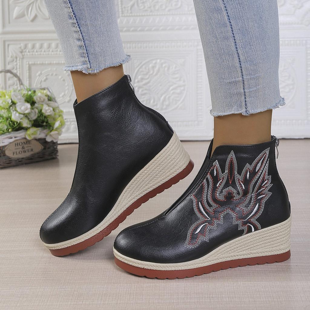 Large size embroidered thick-soled wedge heel retro short leather boots women's 2025 new front elastic rear zipper fashion boots